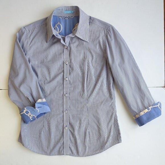 J. McLaughlin Cotton & Silk Whitney Blouse Blue Stripe Button Up Women Size 6 - Picture 2 of 8
